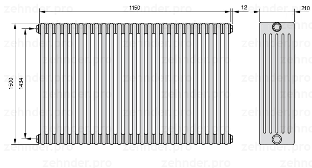 Схема (чертеж) Радиатор Zehnder Charleston 6150/25 №1270 Белый глянцевый RAL 9016